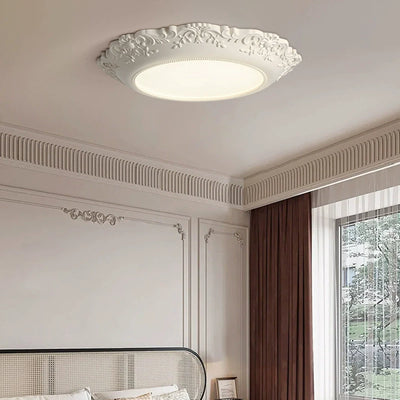 Traditional French Resin PE Round Relief Sculpture LED Flush Mount Ceiling Light For Bedroom