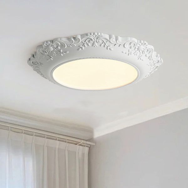 Traditional French Resin PE Round Relief Sculpture LED Flush Mount Ceiling Light For Bedroom