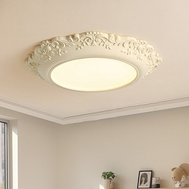 Traditional French Resin PE Round Relief Sculpture LED Flush Mount Ceiling Light For Bedroom
