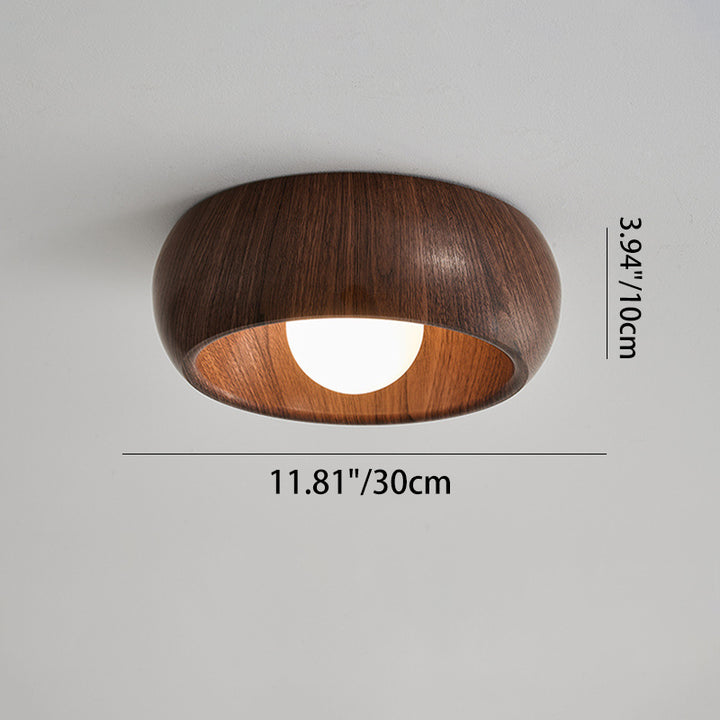 Zeitgenössische skandinavische Eisen-Glas-Runde-Tart-Holzmaserung 1-Licht-Deckenleuchte für den Flur 