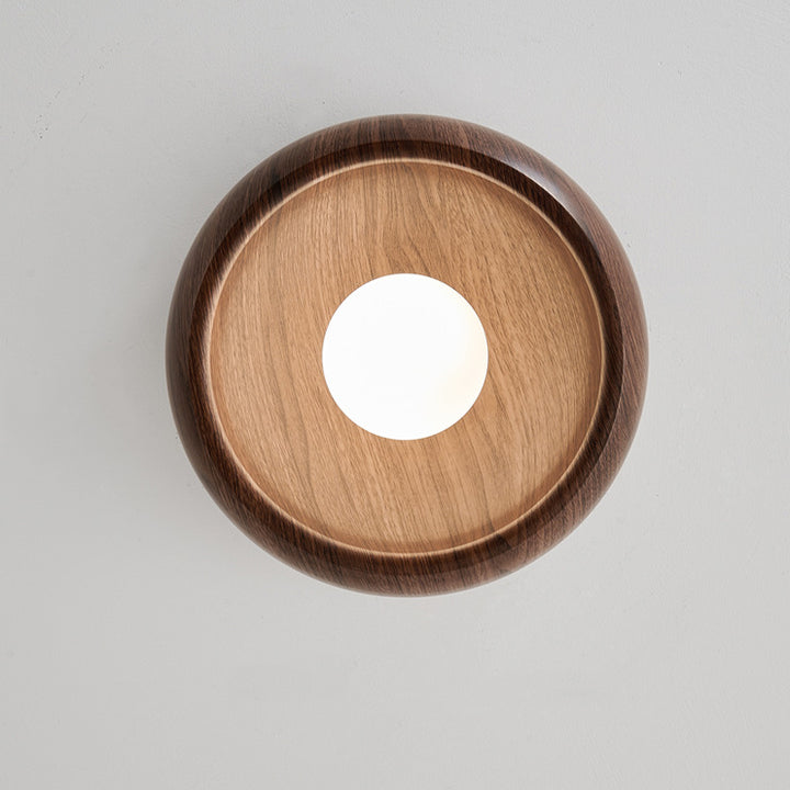 Zeitgenössische skandinavische Eisen-Glas-Runde-Tart-Holzmaserung 1-Licht-Deckenleuchte für den Flur 