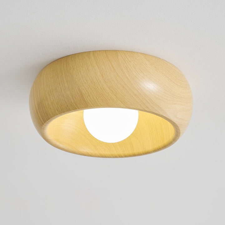 Zeitgenössische skandinavische Eisen-Glas-Runde-Tart-Holzmaserung 1-Licht-Deckenleuchte für den Flur 