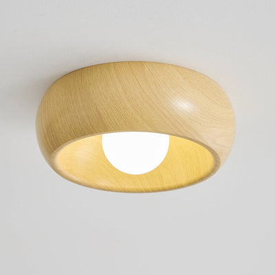 Contemporary Scandinavian Iron Glass Round Tart Wood Grain 1-Light Flush Mount Ceiling Light For Hallway