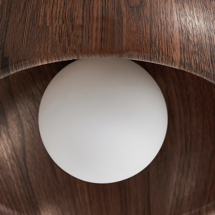 Zeitgenössische skandinavische Eisen-Glas-Runde-Tart-Holzmaserung 1-Licht-Deckenleuchte für den Flur 