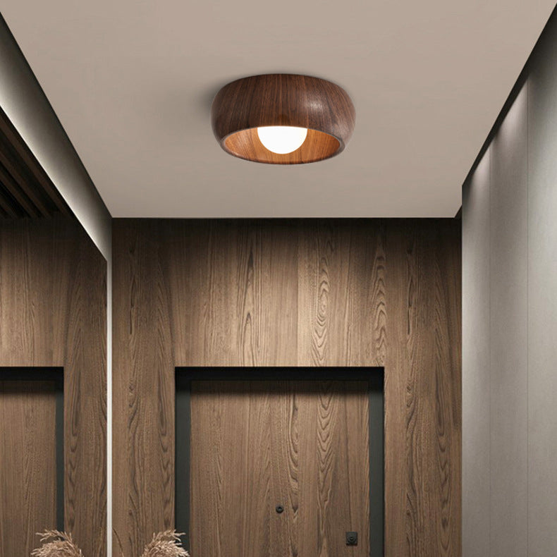 Contemporary Scandinavian Iron Glass Round Tart Wood Grain 1-Light Flush Mount Ceiling Light For Hallway