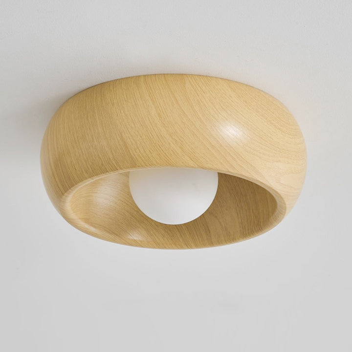 Zeitgenössische skandinavische Eisen-Glas-Runde-Tart-Holzmaserung 1-Licht-Deckenleuchte für den Flur 