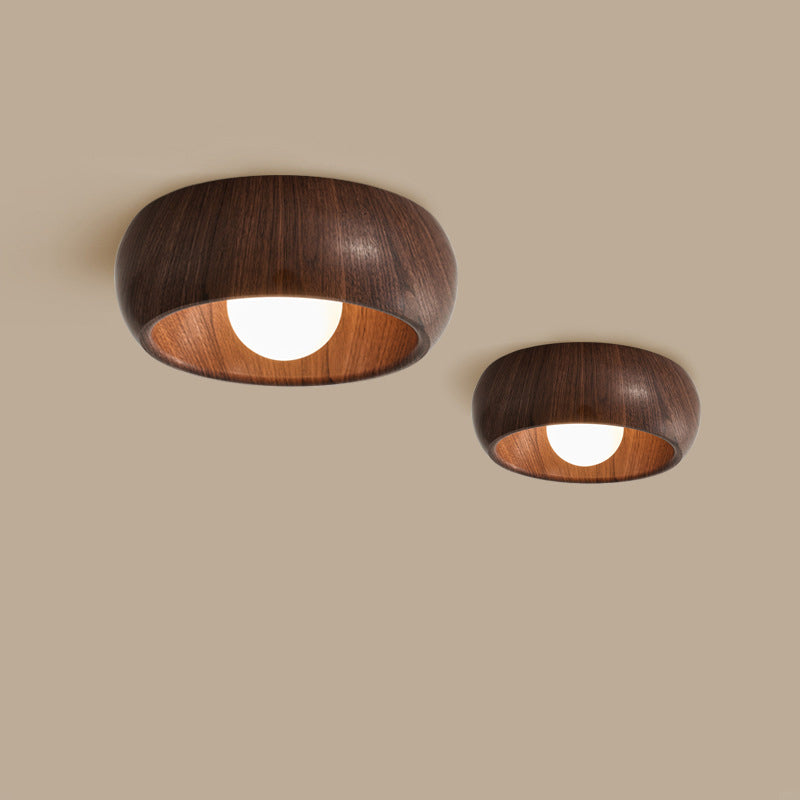 Contemporary Scandinavian Iron Glass Round Tart Wood Grain 1-Light Flush Mount Ceiling Light For Hallway