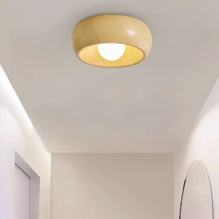 Contemporary Scandinavian Iron Glass Round Tart Wood Grain 1-Light Flush Mount Ceiling Light For Hallway