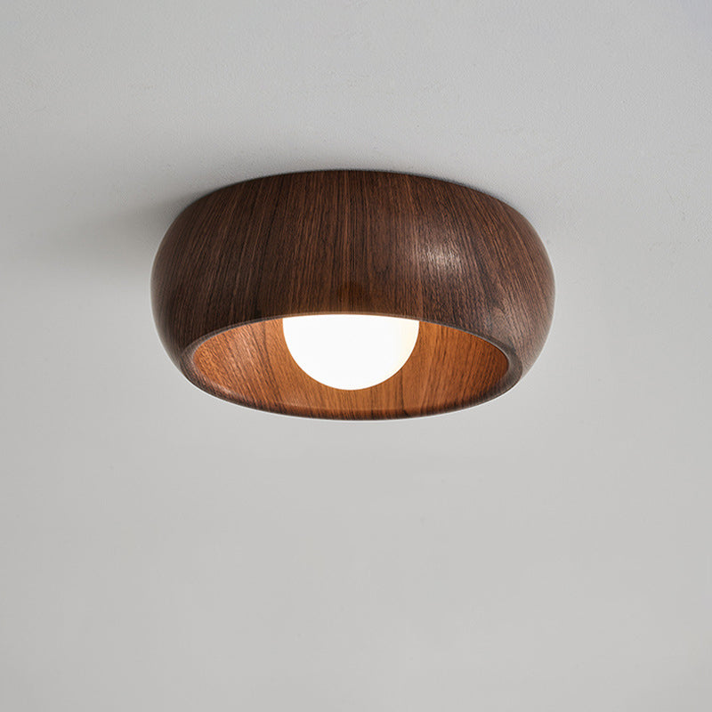 Zeitgenössische skandinavische Eisen-Glas-Runde-Tart-Holzmaserung 1-Licht-Deckenleuchte für den Flur 
