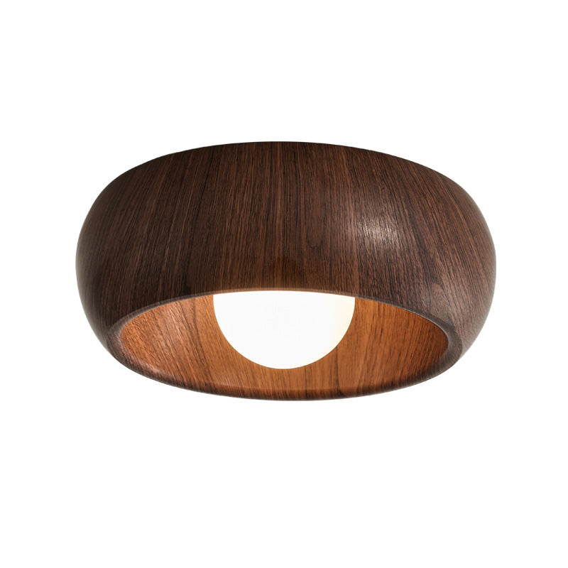 Contemporary Scandinavian Iron Glass Round Tart Wood Grain 1-Light Flush Mount Ceiling Light For Hallway