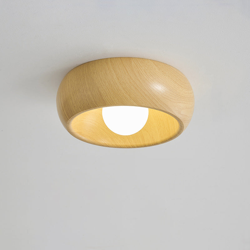Zeitgenössische skandinavische Eisen-Glas-Runde-Tart-Holzmaserung 1-Licht-Deckenleuchte für den Flur 