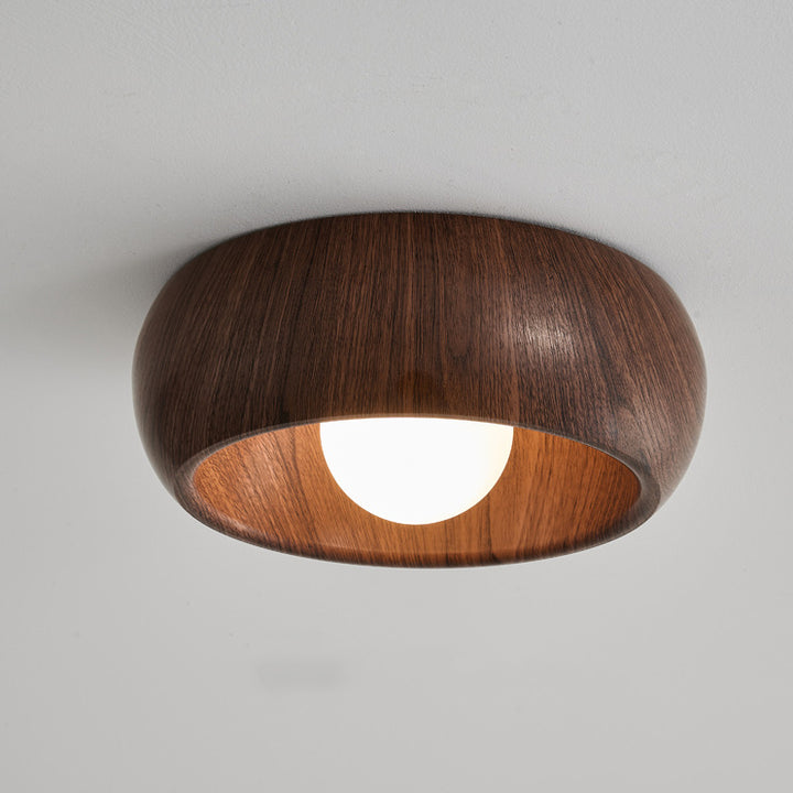 Zeitgenössische skandinavische Eisen-Glas-Runde-Tart-Holzmaserung 1-Licht-Deckenleuchte für den Flur 