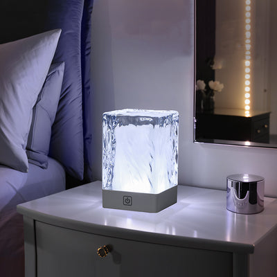 Moderne Einfachheit Wiederaufladbare ASB-Harz Zylinder Gletscherstruktur LED Tischlampe Nachtlicht für das Bett 
