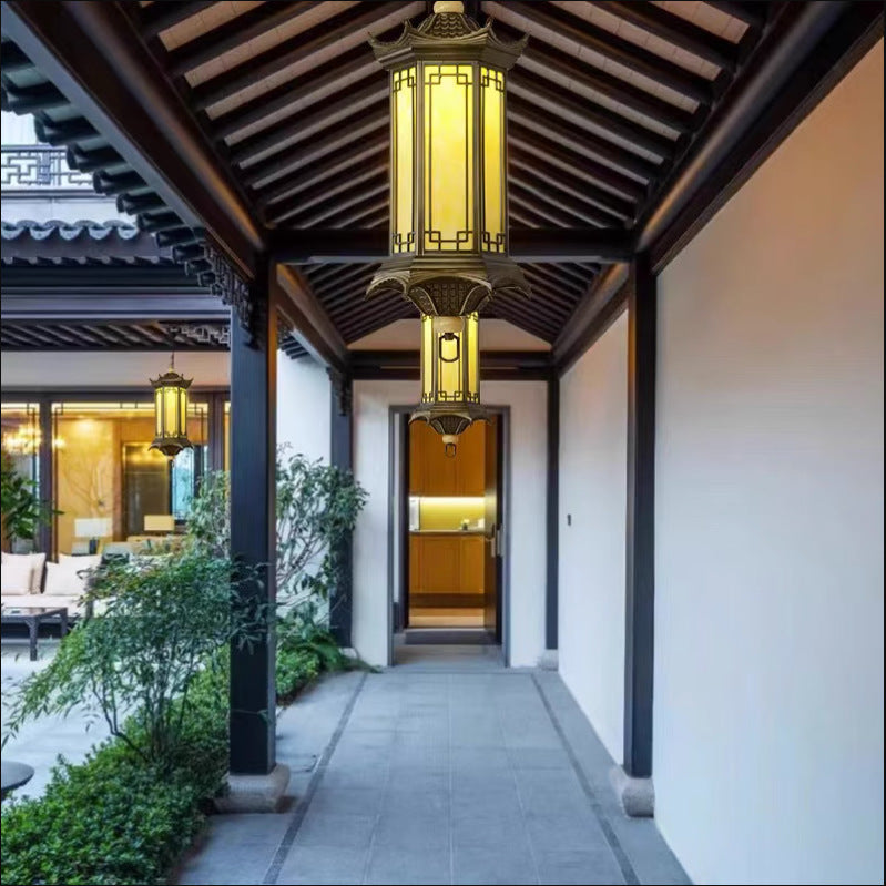 Traditional Chinese Waterproof Aluminum Alloy Imitation Marble Lantern Pergola 1-Light Outdoor Pendant Light For Garden