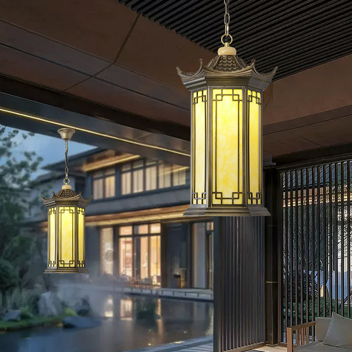 Traditionelle chinesische wasserdichte Aluminiumlegierung Nachahmung Marmor Laterne Pergola 1-Licht Außenpendelleuchte für den Garten 