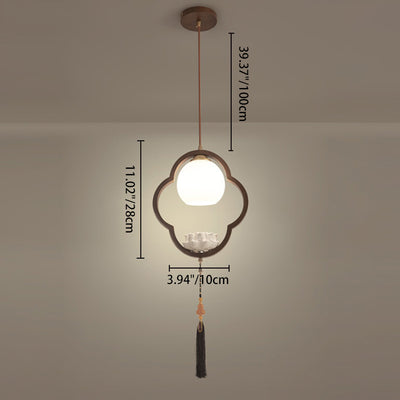 Lumière suspendue à 1 ampoule en céramique chinoise traditionnelle, bois de caoutchouc, verre, trèfle à quatre feuilles, lotus et pompon pour chevet 