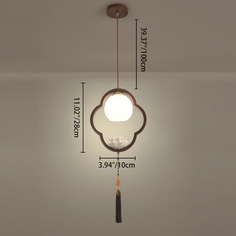 Lumière suspendue à 1 ampoule en céramique chinoise traditionnelle, bois de caoutchouc, verre, trèfle à quatre feuilles, lotus et pompon pour chevet 