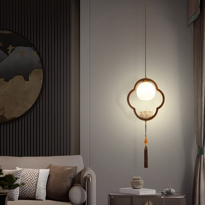 Traditional Chinese Ceramic Rubber Wood Glass Four-Leaf Clover Lotus Tassel 1-Light Pendant Light For Bedside
