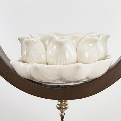 Lumière suspendue à 1 ampoule en céramique chinoise traditionnelle, bois de caoutchouc, verre, trèfle à quatre feuilles, lotus et pompon pour chevet 