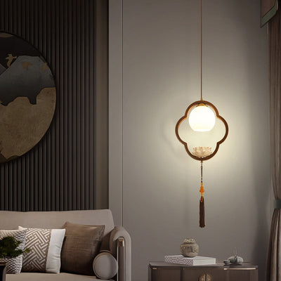 Lumière suspendue à 1 ampoule en céramique chinoise traditionnelle, bois de caoutchouc, verre, trèfle à quatre feuilles, lotus et pompon pour chevet 