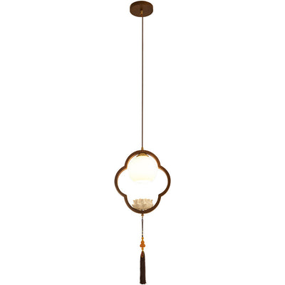 Lumière suspendue à 1 ampoule en céramique chinoise traditionnelle, bois de caoutchouc, verre, trèfle à quatre feuilles, lotus et pompon pour chevet 