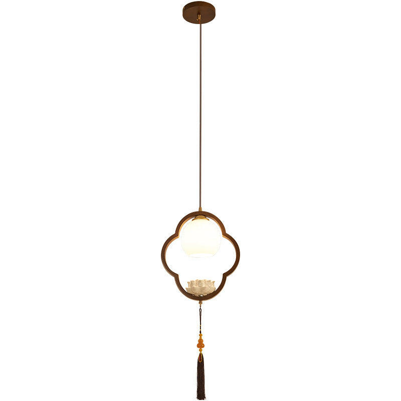 Lumière suspendue à 1 ampoule en céramique chinoise traditionnelle, bois de caoutchouc, verre, trèfle à quatre feuilles, lotus et pompon pour chevet 