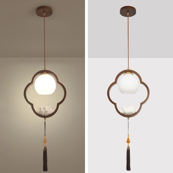 Traditional Chinese Ceramic Rubber Wood Glass Four-Leaf Clover Lotus Tassel 1-Light Pendant Light For Bedside