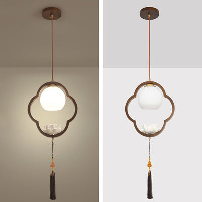 Lumière suspendue à 1 ampoule en céramique chinoise traditionnelle, bois de caoutchouc, verre, trèfle à quatre feuilles, lotus et pompon pour chevet 