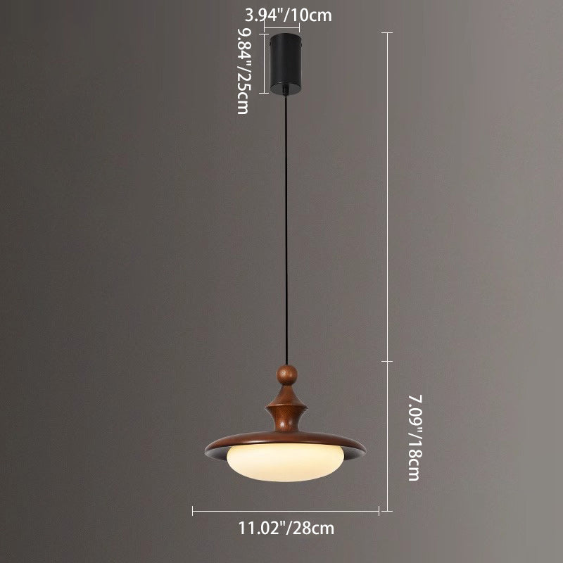 Contemporary Retro Ash Wood PVC Iron Flying Saucer Round LED Pendant Light For Dining Room