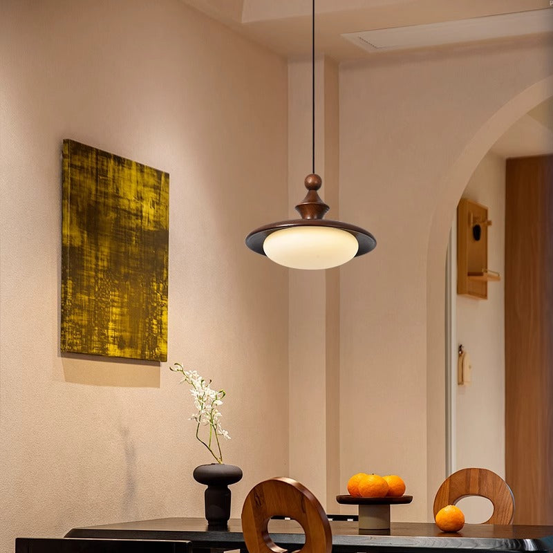Contemporary Retro Ash Wood PVC Iron Flying Saucer Round LED Pendant Light For Dining Room