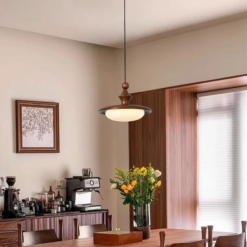 Contemporary Retro Ash Wood PVC Iron Flying Saucer Round LED Pendant Light For Dining Room
