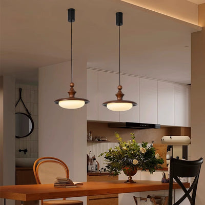 Contemporary Retro Ash Wood PVC Iron Flying Saucer Round LED Pendant Light For Dining Room
