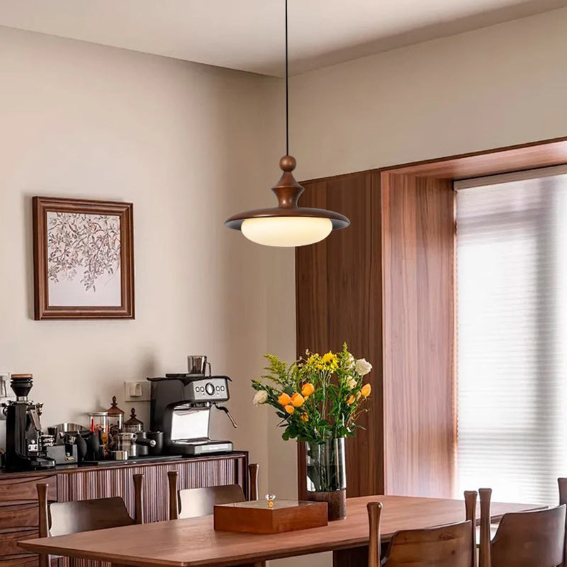 Contemporary Retro Ash Wood PVC Iron Flying Saucer Round LED Pendant Light For Dining Room