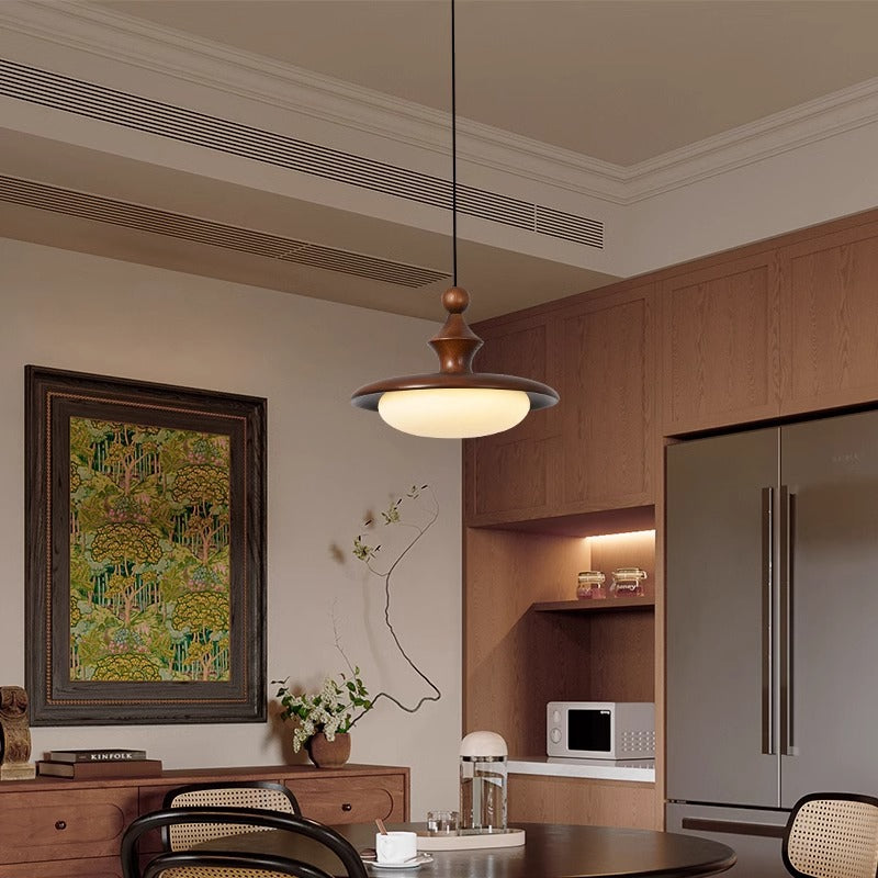 Contemporary Retro Ash Wood PVC Iron Flying Saucer Round LED Pendant Light For Dining Room