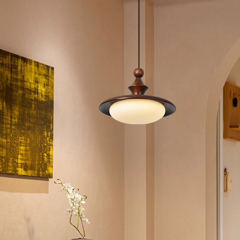 Contemporary Retro Ash Wood PVC Iron Flying Saucer Round LED Pendant Light For Dining Room