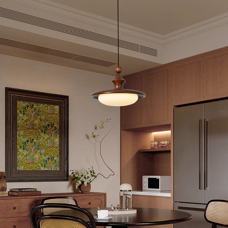 Contemporary Retro Ash Wood PVC Iron Flying Saucer Round LED Pendant Light For Dining Room