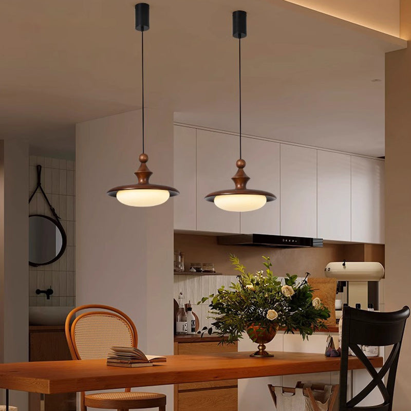 Contemporary Retro Ash Wood PVC Iron Flying Saucer Round LED Pendant Light For Dining Room