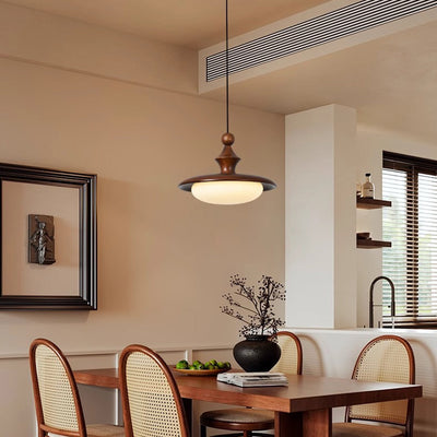 Contemporary Retro Ash Wood PVC Iron Flying Saucer Round LED Pendant Light For Dining Room