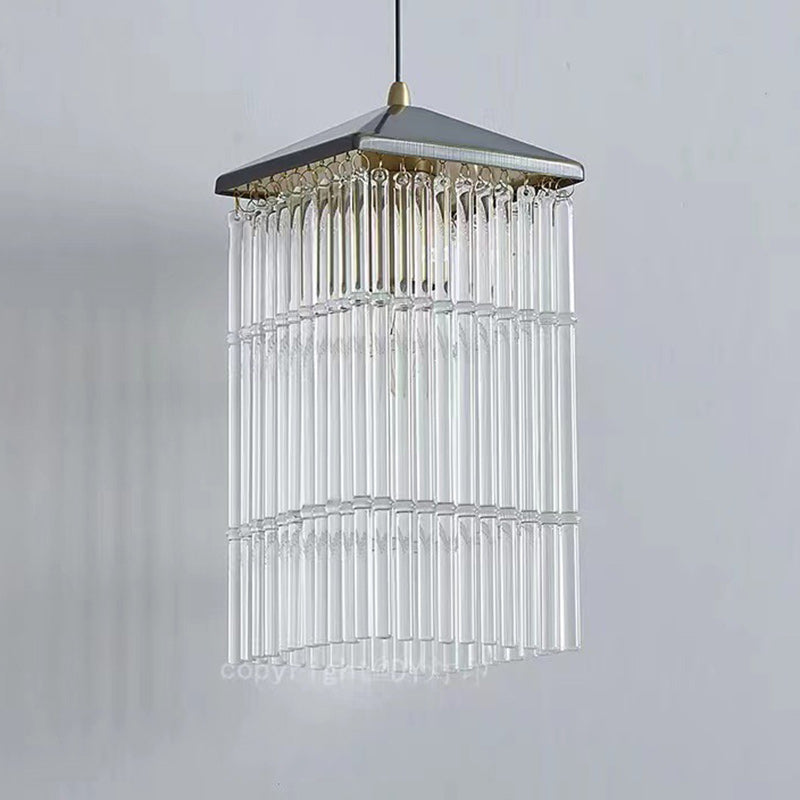 Traditional Chinese Brass Glass House Eave Bamboo Joint 1-Light Pendant Light For Dining Room