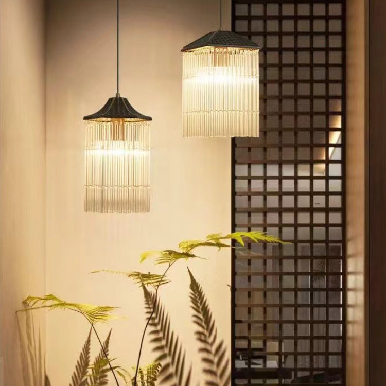 Traditional Chinese Brass Glass House Eave Bamboo Joint 1-Light Pendant Light For Dining Room