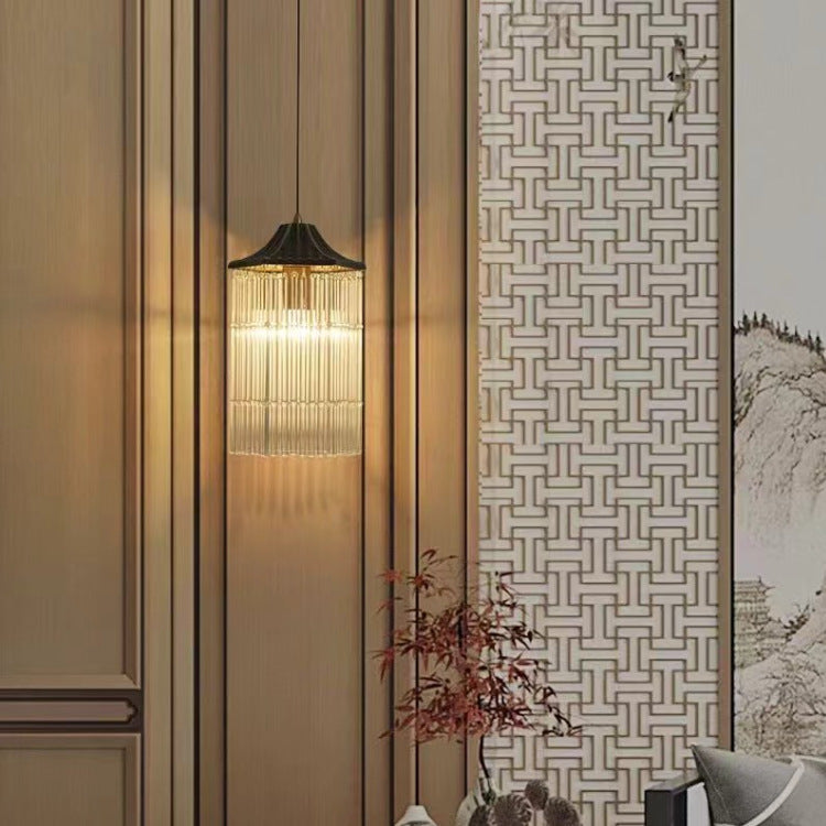 Traditional Chinese Brass Glass House Eave Bamboo Joint 1-Light Pendant Light For Dining Room