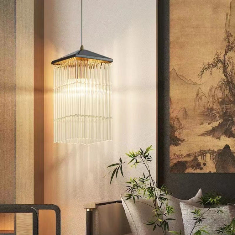 Traditional Chinese Brass Glass House Eave Bamboo Joint 1-Light Pendant Light For Dining Room
