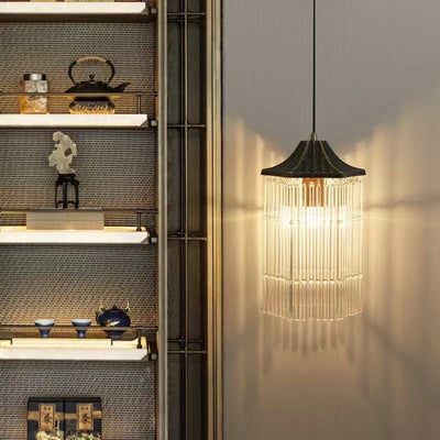 Traditional Chinese Brass Glass House Eave Bamboo Joint 1-Light Pendant Light For Dining Room