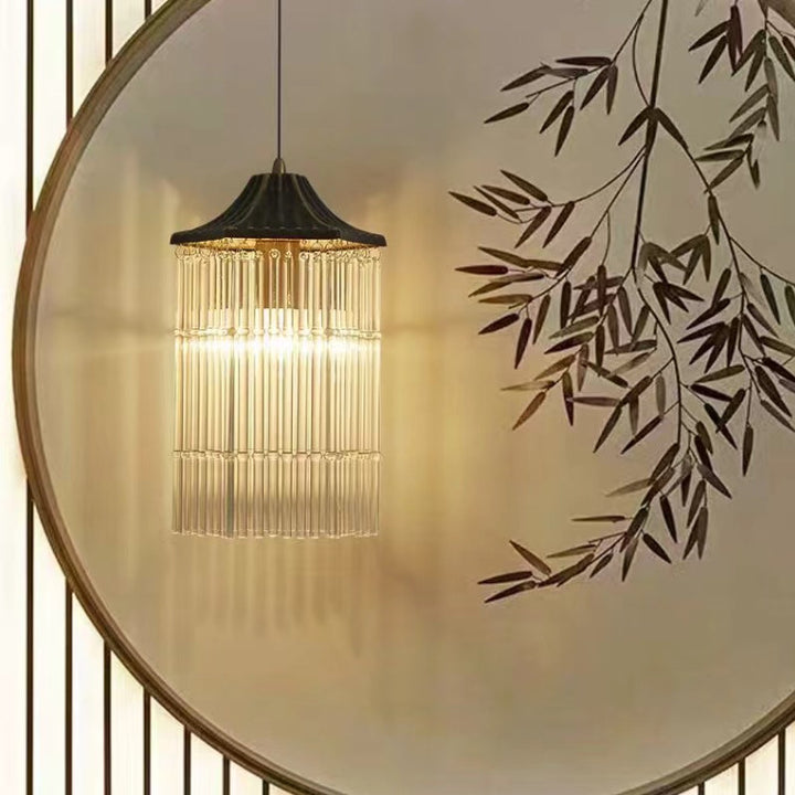 Lámpara colgante de 1 luz de bambú con techo de vidrio de latón chino tradicional para comedor 