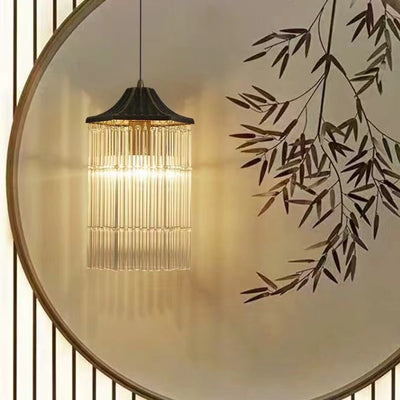 Traditional Chinese Brass Glass House Eave Bamboo Joint 1-Light Pendant Light For Dining Room