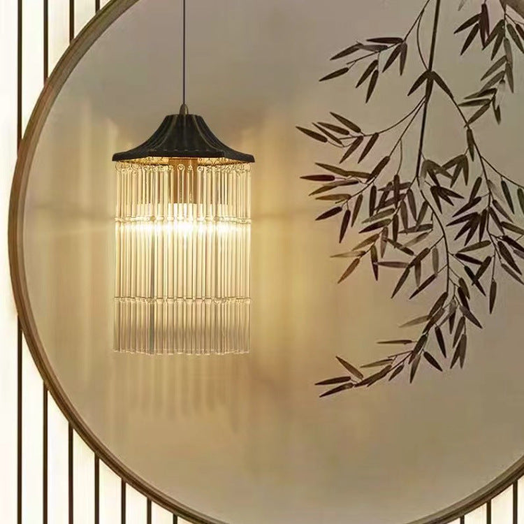 Traditional Chinese Brass Glass House Eave Bamboo Joint 1-Light Pendant Light For Dining Room