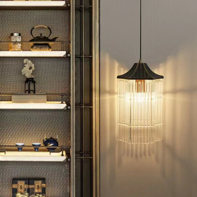 Traditional Chinese Brass Glass House Eave Bamboo Joint 1-Light Pendant Light For Dining Room