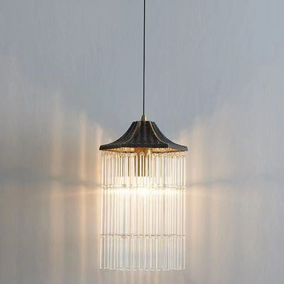 Traditional Chinese Brass Glass House Eave Bamboo Joint 1-Light Pendant Light For Dining Room