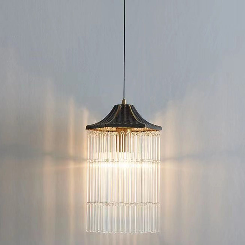 Traditional Chinese Brass Glass House Eave Bamboo Joint 1-Light Pendant Light For Dining Room