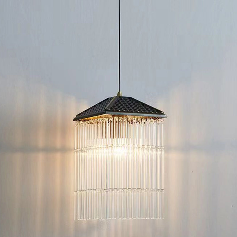 Traditional Chinese Brass Glass House Eave Bamboo Joint 1-Light Pendant Light For Dining Room